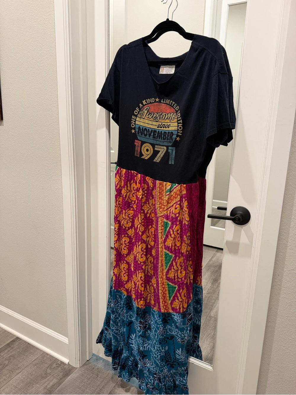 Boho Patchwork Maxi Dress with Graphic Tee Bodice - November 1971